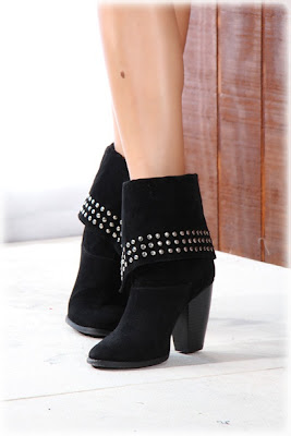 Black Faux Suede Fold Cuff Studded Ankle Boots 