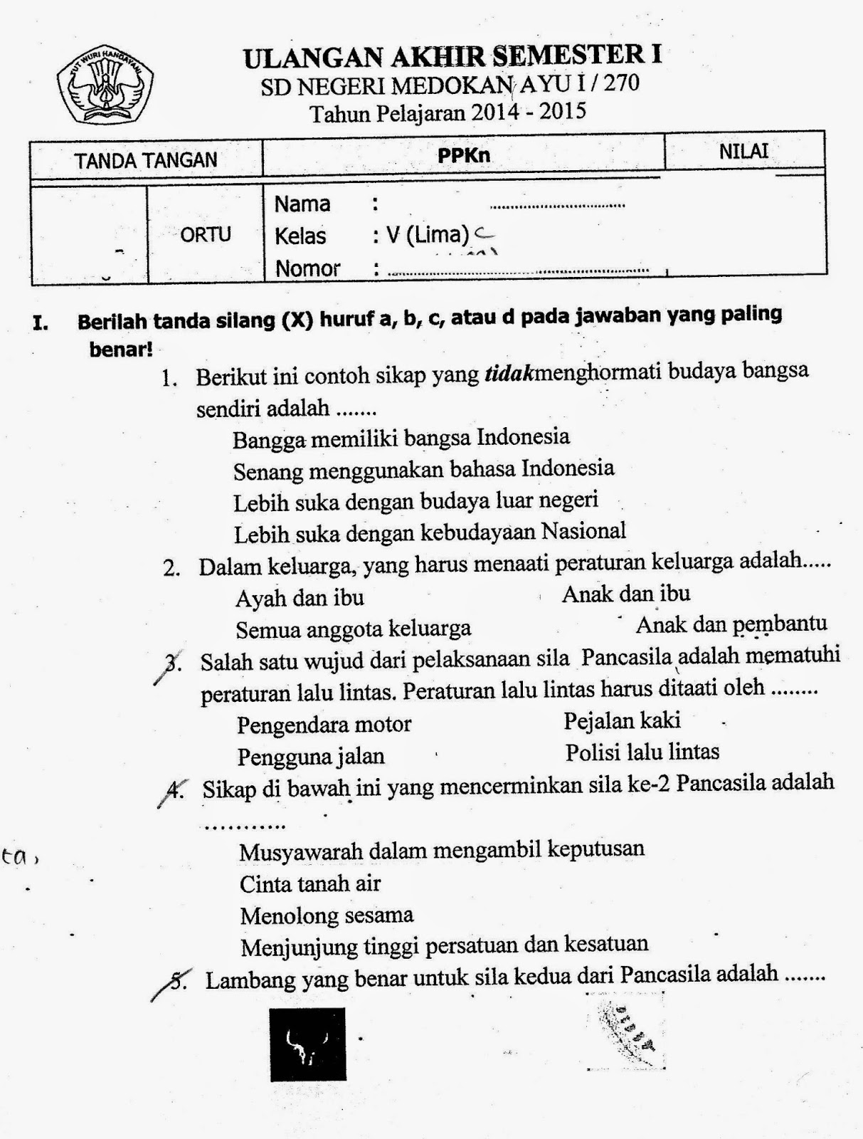 UAS PKN Semester Ganjil TA2014 2015 Kelas 5 SD