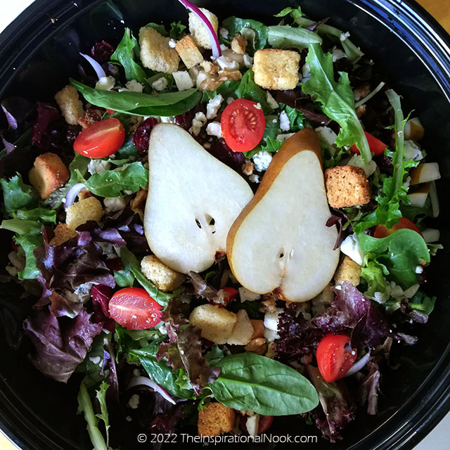 Garbage bowl pear salad with spinach, Walnut pear gorgonzola salad, pear salad with gorgonzola cheese, gorgonzola cheese, poppy seed dressing, pear garbage salad, craisins