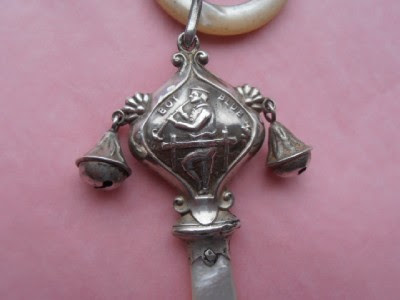 ANTIQUE SILVER & MOTHER OF PEARL BABY RATTLE BOY BLUE HM GLASGOW 1930