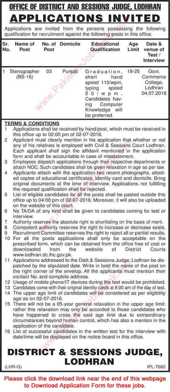 Stenographer Jobs in District and Session Court Lodhran June
