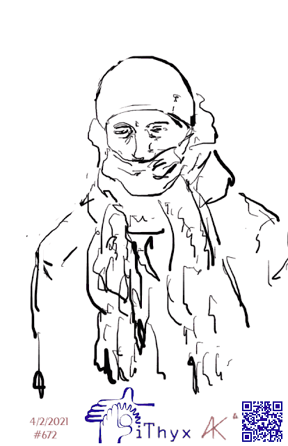 Рисунок мужчины замотанного в чёрный шарф везет красные санки в метро Казани