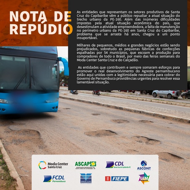Nota de Repúdio: Entidades representativas repudiam situação do perímetro urbano da PE-160 em de Santa Cruz do Capibaribe