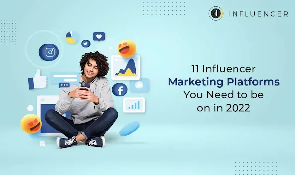 a man with phone in his hand and some social app icons and some text of influence marketing