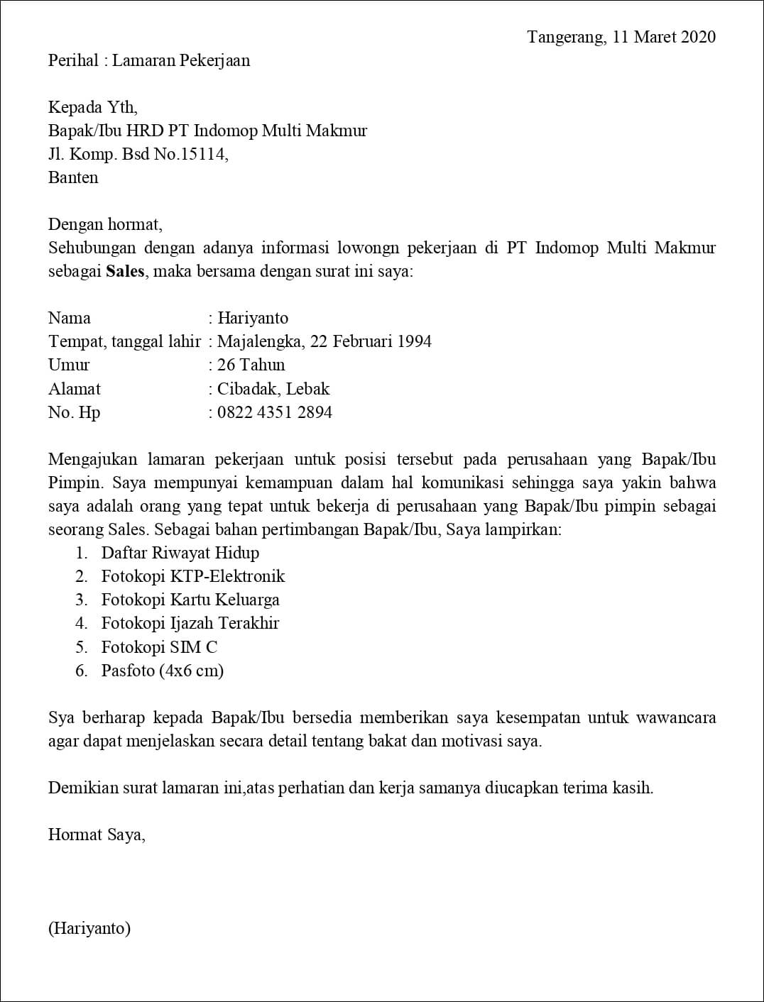 Contoh Surat Lamaran Pekerjaan Untuk Penjualan Dan Retail