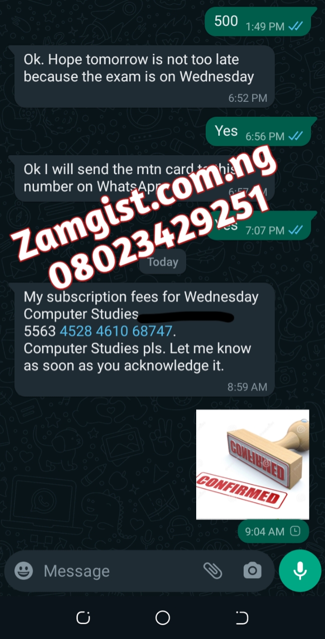 Evidence of Payment 3 for Waec Computer Studies 2023 Questions and Answers