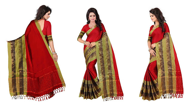 Bombey Velvat Fab Woven Kanjivaram Cotton Silk Saree  (Red, Light Green)