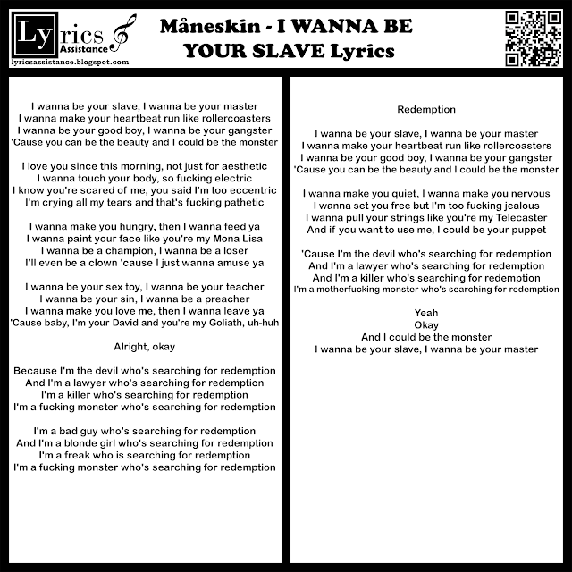 Måneskin - I WANNA BE YOUR SLAVE Lyrics | lyricsassistance.blogspot.com
