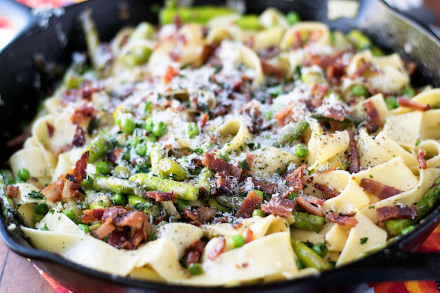 The finished pan of Pea and Asparagus Carbonara.