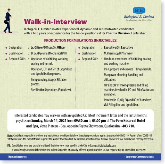 Biological E | Walk-In interview for Production on 14th Mar 2021