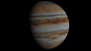 Picture of the planet Jupiter against the blackness of space.