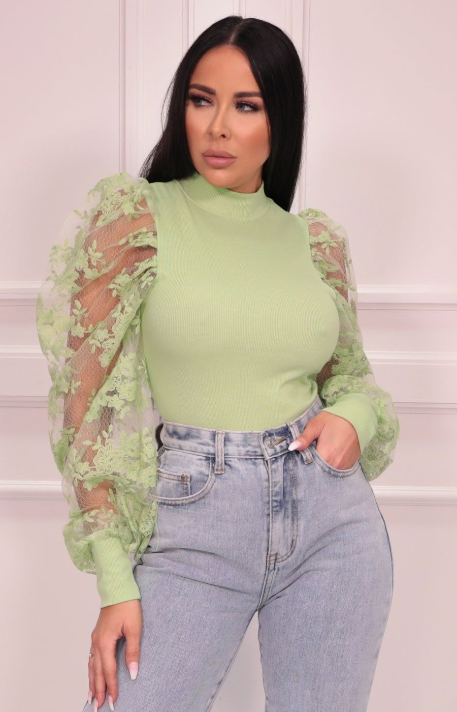 Green Mesh Floral Sleeve Top 