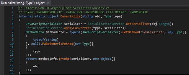 // Telerik.Web.UI.AsyncUploadHandler
internal IAsyncUploadConfiguration GetConfiguration(string rawData)
{
 string[] array = rawData.Split(new char[]
 {
  '&'
 });
 string obj = array[0];
 Type type = Type.GetType(CryptoService.GetService().Decrypt(array[1]));
 IAsyncUploadConfiguration asyncUploadConfiguration = (IAsyncUploadConfiguration)SerializationService.Deserialize(obj, type, true);
 if (!this.IsValidHMac(asyncUploadConfiguration.TargetFolder) || !this.IsValidHMac(asyncUploadConfiguration.TempTargetFolder))
 {
  throw new CryptographicException("The hash is not valid!");
 }
 asyncUploadConfiguration.TargetFolder = AsyncUploadHandler.DecryptFolder(this.GetEncryptedText(asyncUploadConfiguration.TargetFolder));
 asyncUploadConfiguration.TempTargetFolder = AsyncUploadHandler.DecryptFolder(this.GetEncryptedText(asyncUploadConfiguration.TempTargetFolder));
 return asyncUploadConfiguration;
}