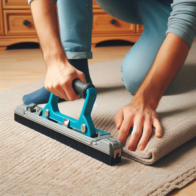 A person using a knee kicker tool or a carpet stretcher to gently pull and stretch the carpet