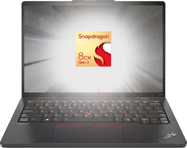 Lenovo ThinkPad X13s with the screen displaying the logo for the Snapdragon 8cx Gen 3 processor