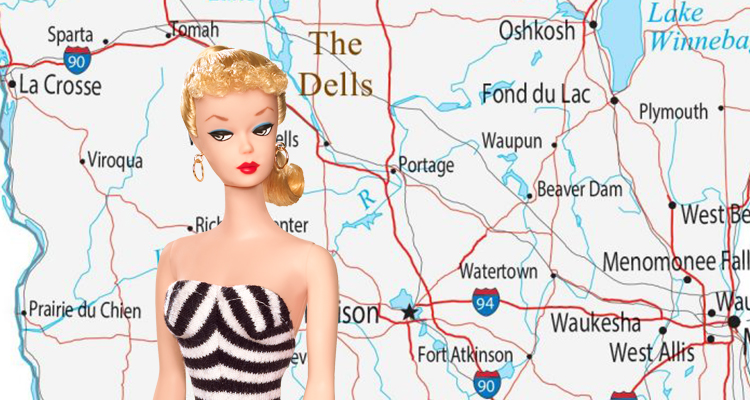 Barbie in front of a map