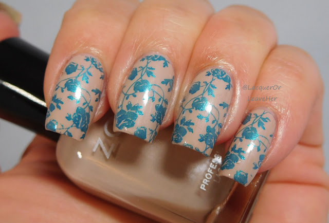 B. Loves Plates B.02 Flower Power stamped with Moonflower Polish Mar Caribe over Zoya McKenna