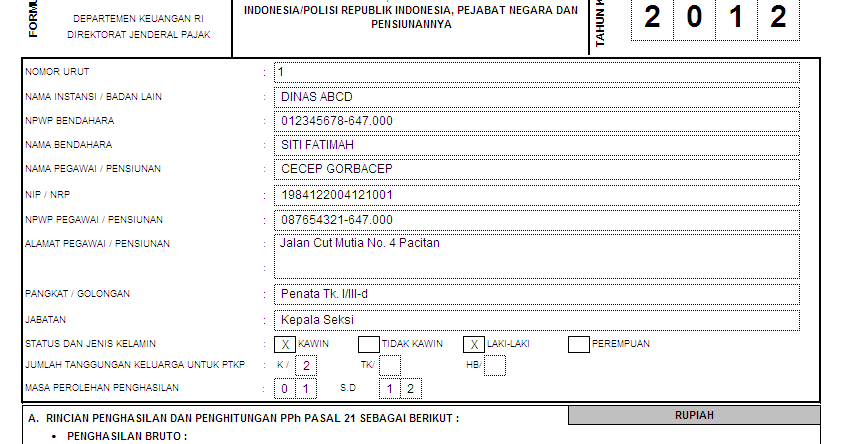 Contoh Pengisian SPT Tahunan PPh Orang Pribadi Tahun Pajak 