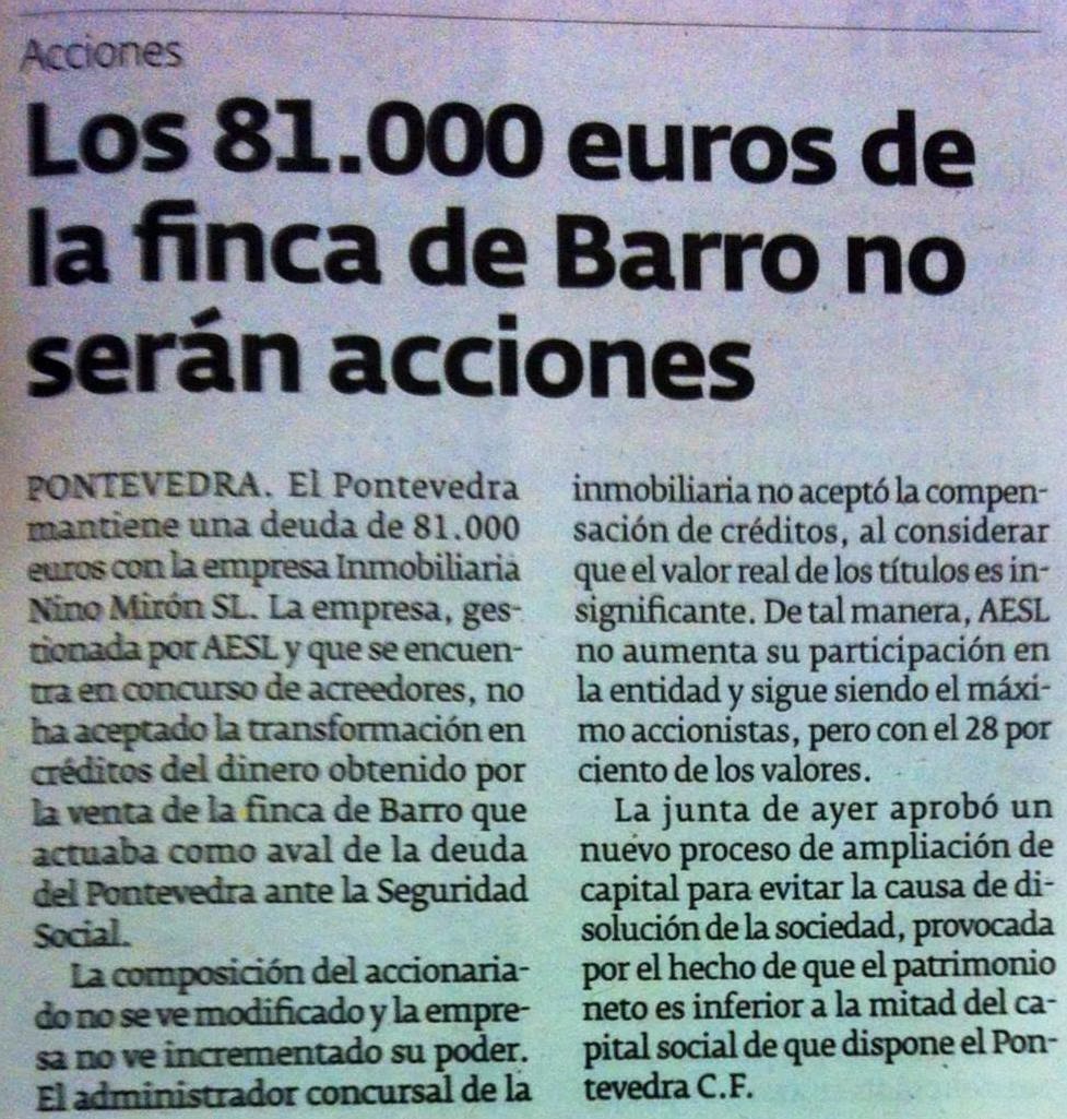 Pontevedra CF: Los 81.000 euros de la finca de Barro no serán acciones