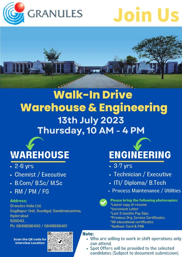 Granules India Limited| Walk-in interview for Warehouse & Eng on 13th July 2023