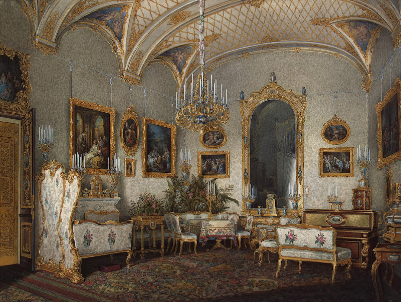 Interiors of the Winter Palace. The White Drawing-Room of Empress Alexandra Fyodorovna by Edward Petrovich Hau - Architecture, Interiors Drawings from Hermitage Museum