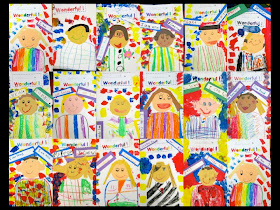 Kindergarten Self-Portraits in Response to picture book & song "You're Wonderful" by Debbie Clement