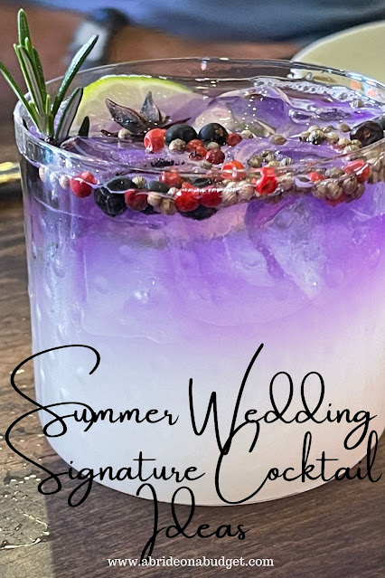 A purple drink with the words "Summer Wedding Signature Cocktail Ideas" digitally written under it.