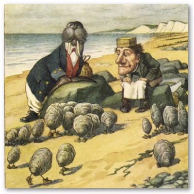 The Walrus and the Carpenter speaking to the Oysters--a scene from the Poem by Lewis Carroll written in 1871 and illustrated by John Tenniel.