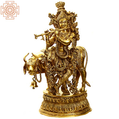 Krishna with a Cow and His Flute Brass Statue