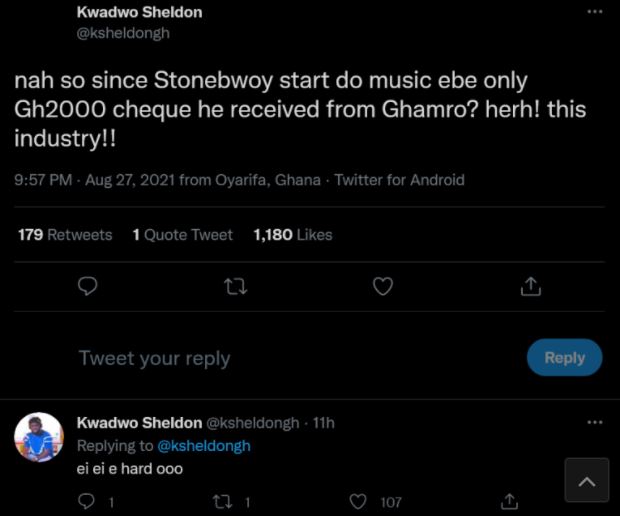kwadwo sheldon reacts to stonebwoy income from ghambro