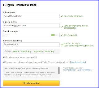 Twitter hesabı açma ikinci adımı