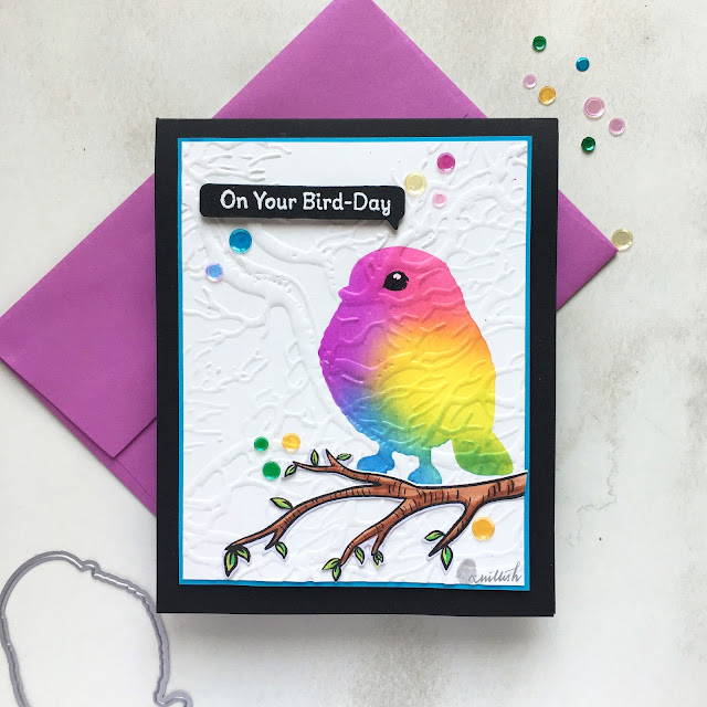 DIY stencil,Altenew Bird of the woods, Bird card, On your bird day, Stenciled bird, rainbow strnciling, quillish, AECP - beyond basic background