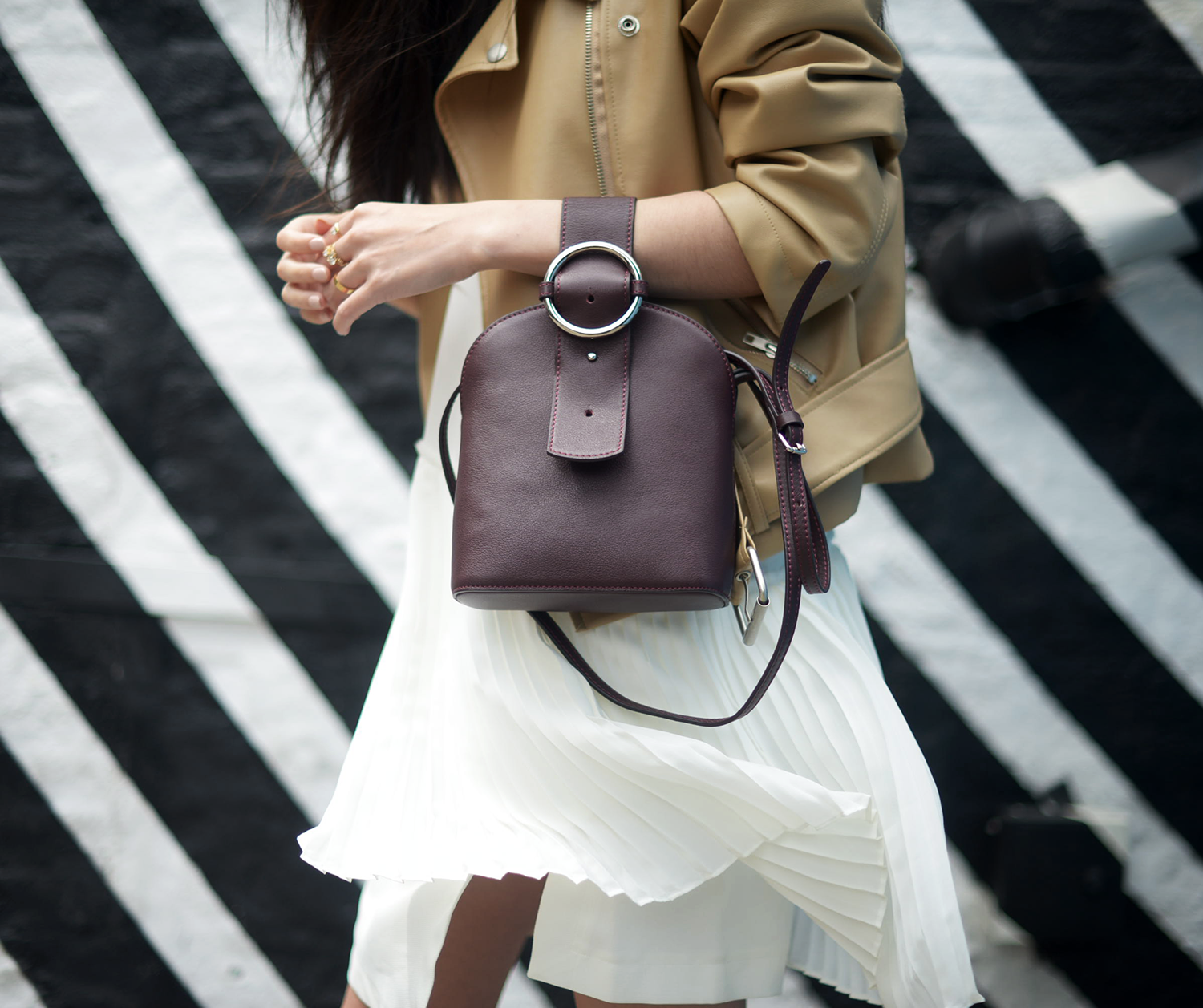 Camel Leather Jacket and Pleated Dress with Parisa Wang NYC Bag | FOREVERVANNY.com