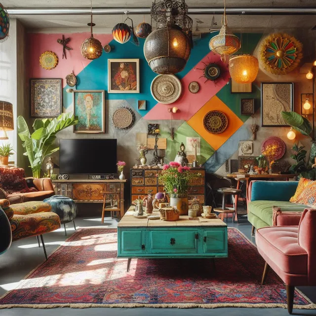 Sala de estar eclética com paredes coloridas e móveis de diferentes estilos