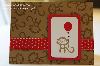 Tan birthday card with monkeys stamped on the background and red polka dot ribbon. Focal image is a monkey holding a red balloon, layered on red card stock.