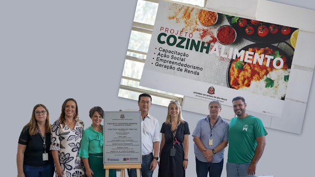 Composição Fundo toalha de cozinha e cozinheiros com a frase COZINHALIMENTO.