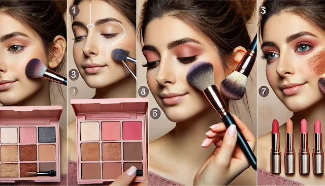 A beginner applying blush using a makeup brush; a close-up of neutral eyeshadow palette; step-by-step foundation application