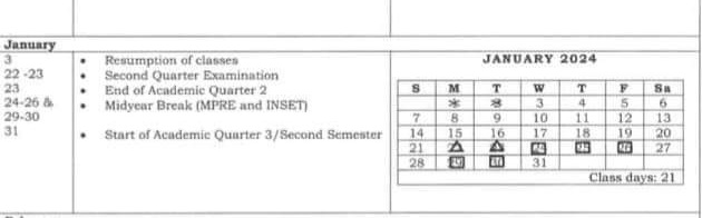 Schedule of Midyear break for school year 2023-2024