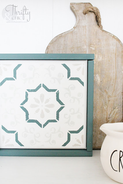 DIY Stenciled tile tutorial. How to stencil tile. DIY cement tile stenciling. Canvas stenciled tile decor. Hutch decor and decorating ideas