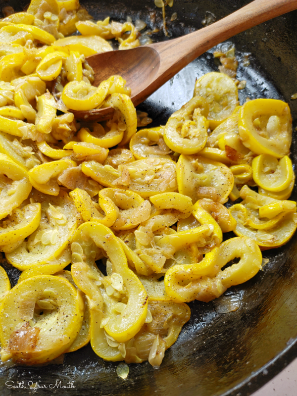 Stewed Squash! A simple recipe for country-style fresh yellow squash stewed then pan-fried in a large skillet with onion and lots of black pepper.