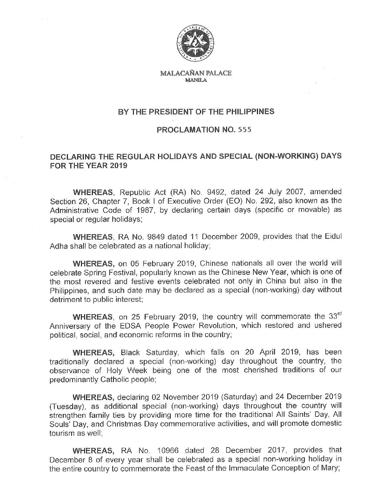 Philippine Holidays Philippine Holidays 19 Proclamation No 555 S 18