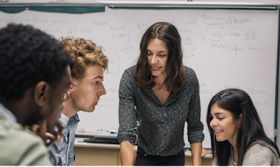 Picture of a teacher with a group of students around a table with a whiteboard in the background