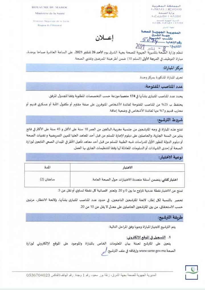 المديرية الجهوية للصحة بجهة الشرق: مباريات توظيف 174 منصبا في عدة تخصصات و درجات آخر أجل هو 23 شتنبر 2021