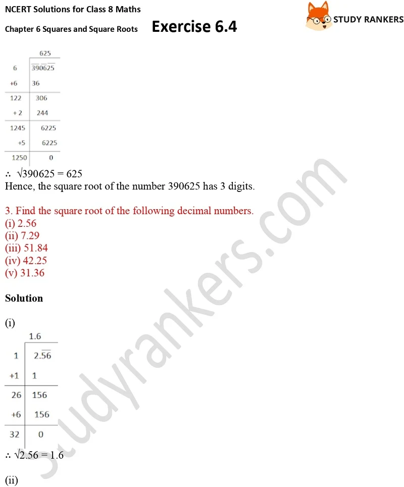 NCERT Solutions for Class 8 Maths Ch 6 Squares and Square Roots Exercise 6.4 7