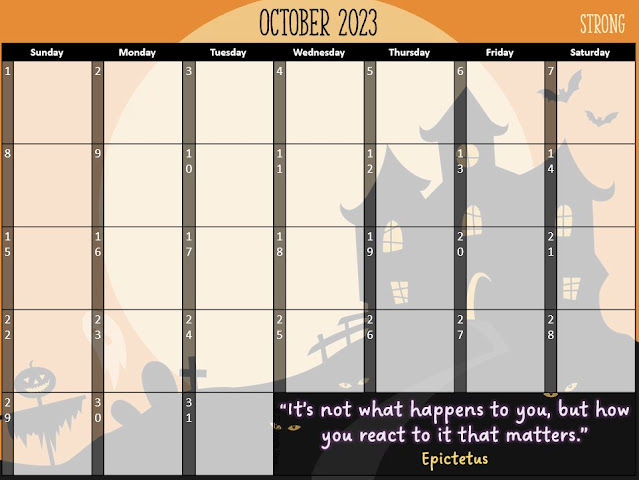 A haunted house on a hill in black over an orange background makes the backdrop for this October 2023 calendar.