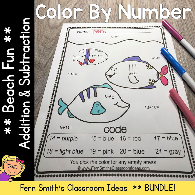 This Ocean Color By Number Addition and Subtraction Printable includes 10 pages for introducing or reviewing addition and subtraction. This bundle is perfect for differentiation in ESOL, ESL, Home Schooling and Special Education Classes, Inclusive and Exclusive, since everyone can work on different skills, different levels of those skills and yet, still have some joy and fun with coloring cute Ocean Beach Fun Themed Pictures, perfect for bulletin boards and refrigerator museum art!