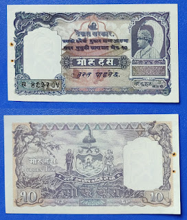 N32 NEPAL 10 MOHRU EX. RARE AUNC-PIN HOLE(1953-1956)(P-6) 