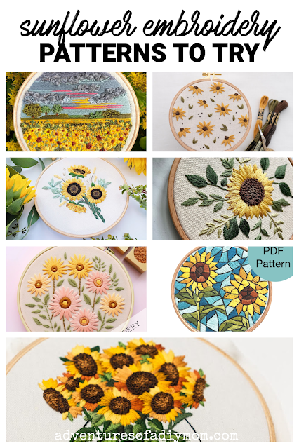 collage of sunflower embroidery patterns with text overlay