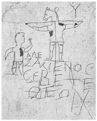 Древноримски графит гласящ: "Алексаменос се покланя на своя бог". Разпънатото магаре е олицетворение на Христос