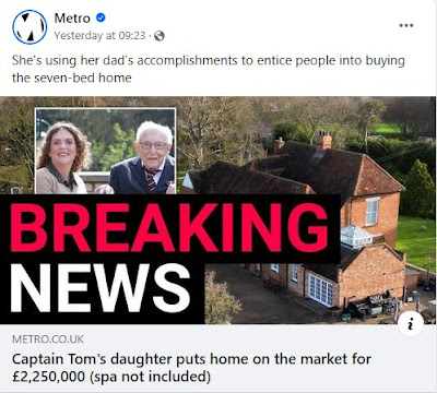 Screenshot from The Metro front page and text regarding Captain Tom's house2024-04-26 Hannah Ingram-Moore